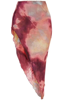 PrettyLittleThing Petite Crushed Mesh Assymetric Hem Midaxi Skirt Dark Pink