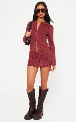 Outlet PrettyLittleThing Petite Cable Knit Pocket Mini Skirt Dark Red