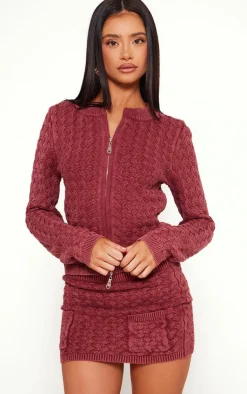 Outlet PrettyLittleThing Petite Cable Knit Pocket Mini Skirt Dark Red