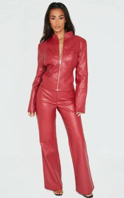 Best PrettyLittleThing Petite Faux Leather Flared Pants Dark Red