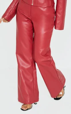 Best PrettyLittleThing Petite Faux Leather Flared Pants Dark Red