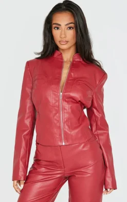 Hot PrettyLittleThing Petite Faux Leather Fitted Seam Detail Jacket Dark Red
