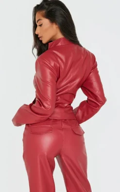 Hot PrettyLittleThing Petite Faux Leather Fitted Seam Detail Jacket Dark Red