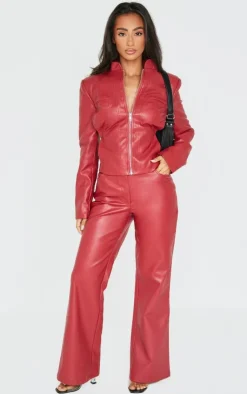 Hot PrettyLittleThing Petite Faux Leather Fitted Seam Detail Jacket Dark Red