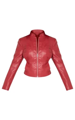 Hot PrettyLittleThing Petite Faux Leather Fitted Seam Detail Jacket Dark Red