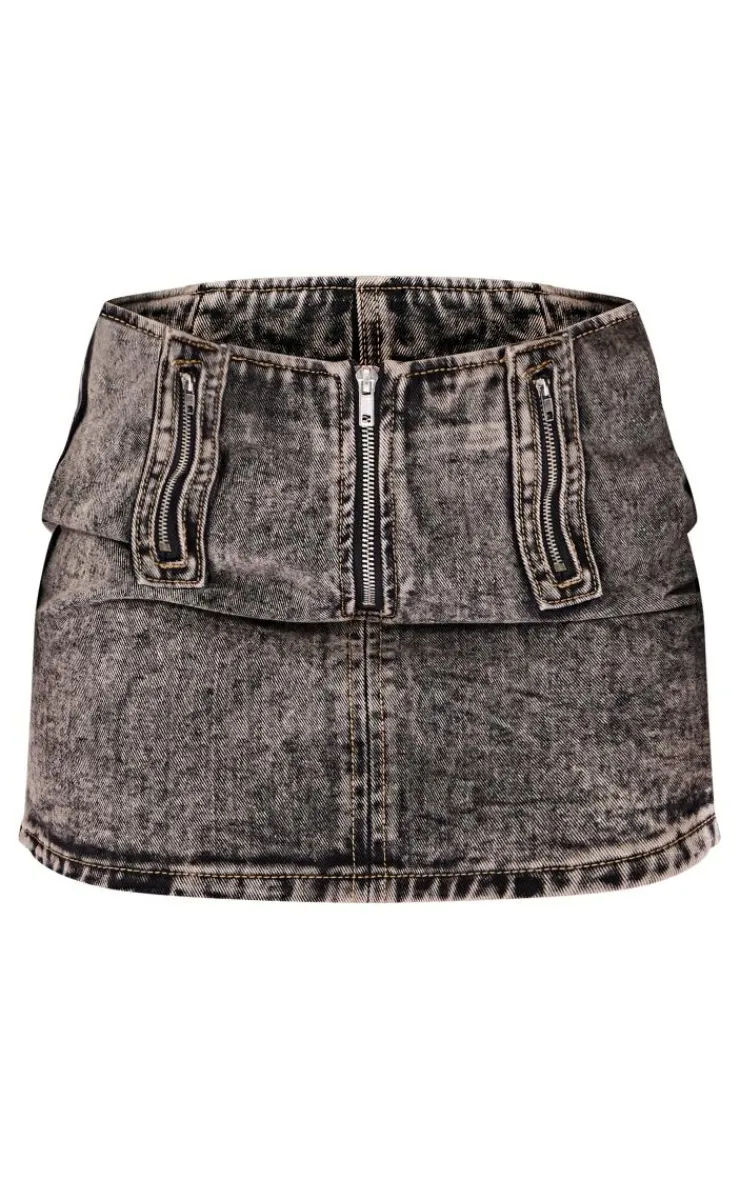 Outlet PrettyLittleThing Petite Dark Zip Detail Denim Mini Skirt Vintage Wash
