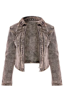 Sale PrettyLittleThing Petite Dark Zip Detail Cropped Denim Jacket Vintage Wash