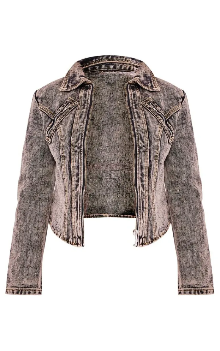 Sale PrettyLittleThing Petite Dark Zip Detail Cropped Denim Jacket Vintage Wash