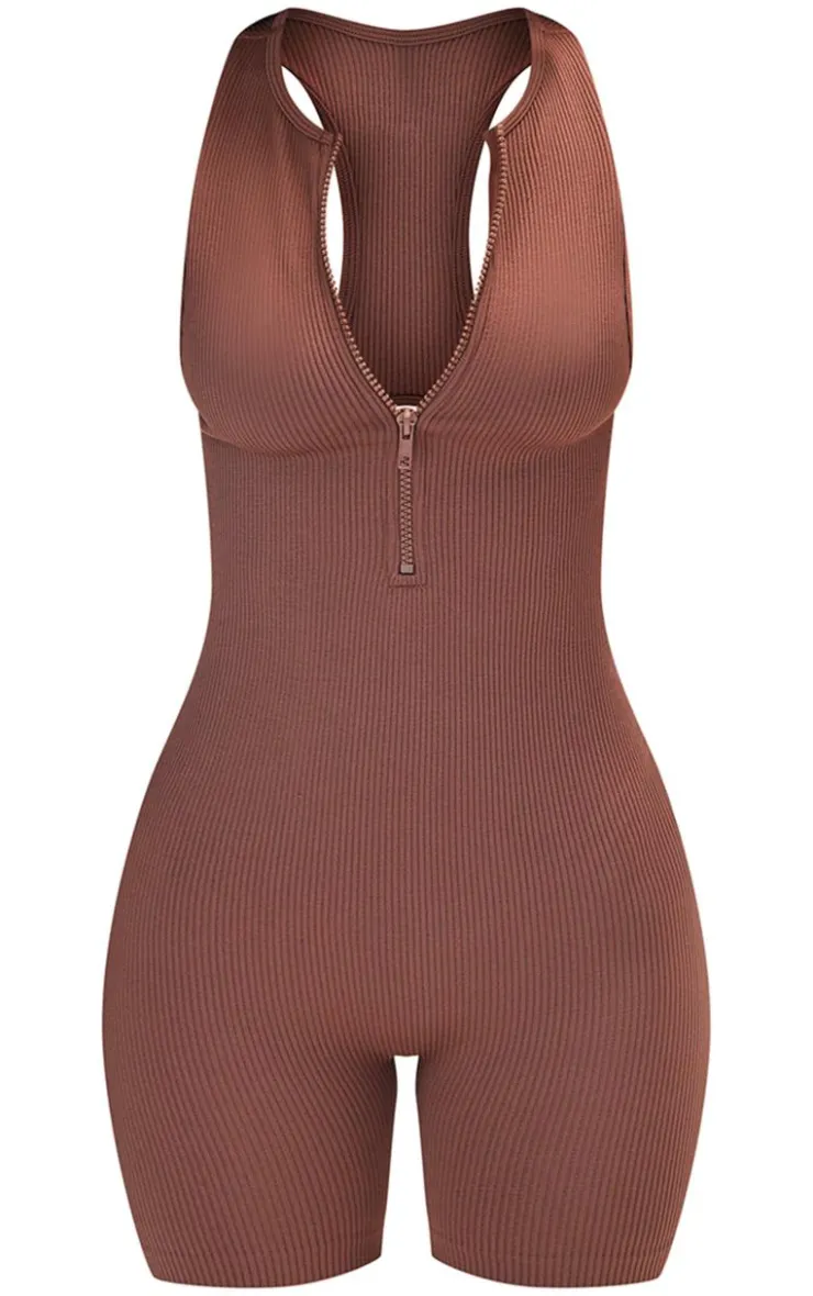 PrettyLittleThing Gym Wear*Petite Snatched Rib Zip Up Front Unitard