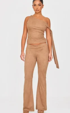 Clearance PrettyLittleThing Petite Faux Suede Low Rise Flare Pants Deep Taupe