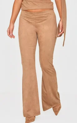 Clearance PrettyLittleThing Petite Faux Suede Low Rise Flare Pants Deep Taupe