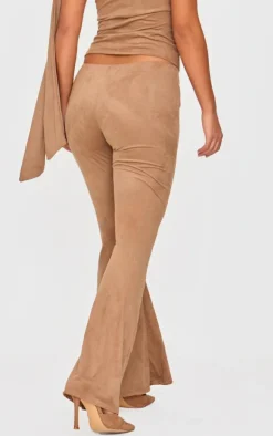Clearance PrettyLittleThing Petite Faux Suede Low Rise Flare Pants Deep Taupe