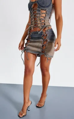 New PrettyLittleThing Petite Dirty Lace Up Detail Denim Mini Skirt Grey