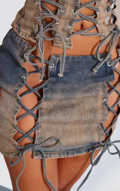 New PrettyLittleThing Petite Dirty Lace Up Detail Denim Mini Skirt Grey