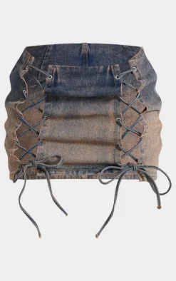 New PrettyLittleThing Petite Dirty Lace Up Detail Denim Mini Skirt Grey