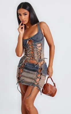 Hot PrettyLittleThing Petite Dirty Lace Up Detail Denim Corset Grey
