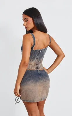 Hot PrettyLittleThing Petite Dirty Lace Up Detail Denim Corset Grey