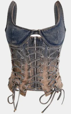 Hot PrettyLittleThing Petite Dirty Lace Up Detail Denim Corset Grey