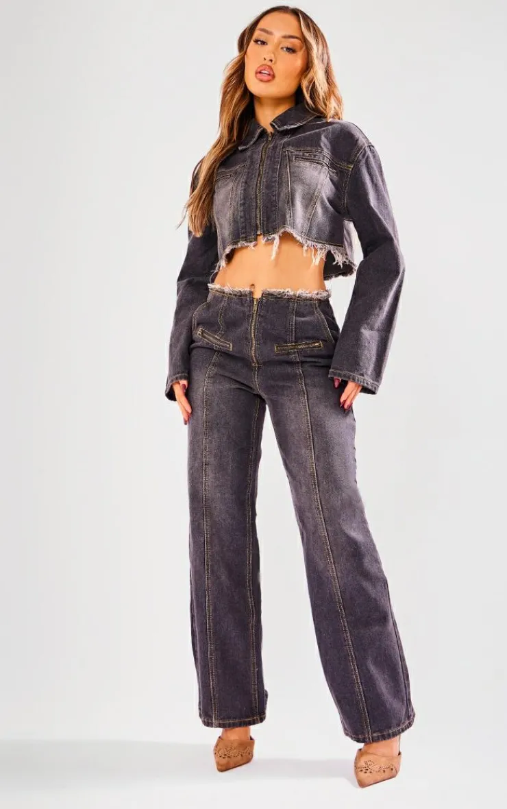 Sale PrettyLittleThing Petite Dirty Raw Hem Straight Leg Jeans Grey