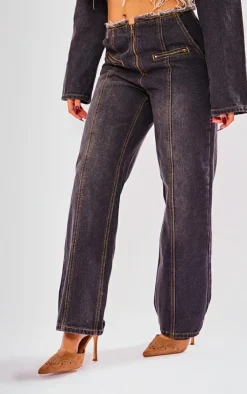 Sale PrettyLittleThing Petite Dirty Raw Hem Straight Leg Jeans Grey