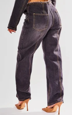 Sale PrettyLittleThing Petite Dirty Raw Hem Straight Leg Jeans Grey