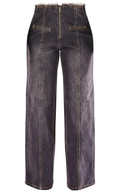 Sale PrettyLittleThing Petite Dirty Raw Hem Straight Leg Jeans Grey
