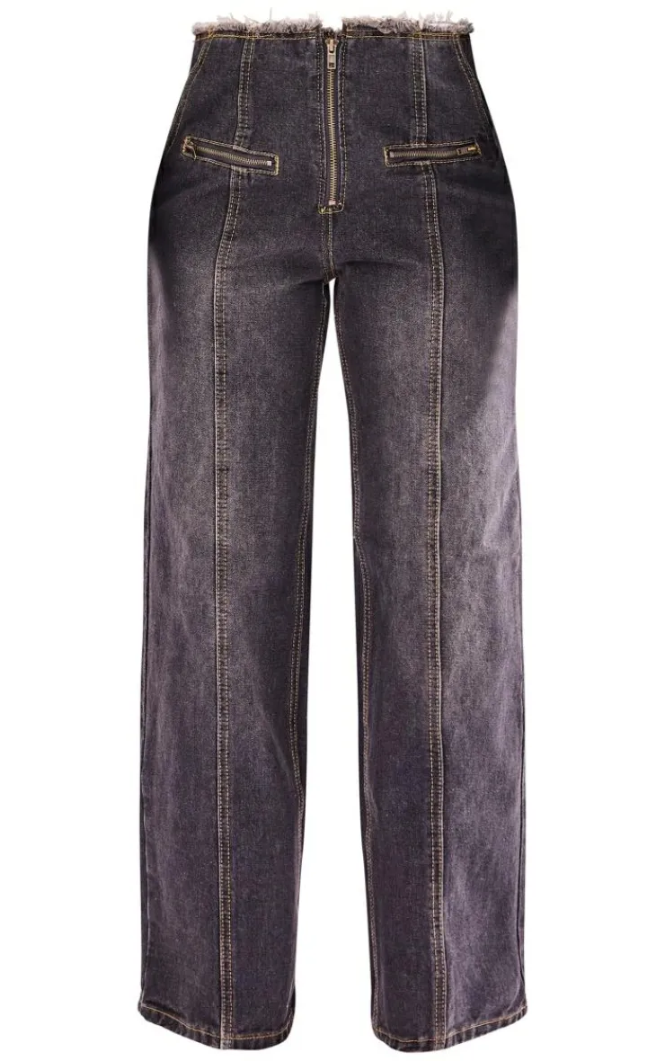 Sale PrettyLittleThing Petite Dirty Raw Hem Straight Leg Jeans Grey