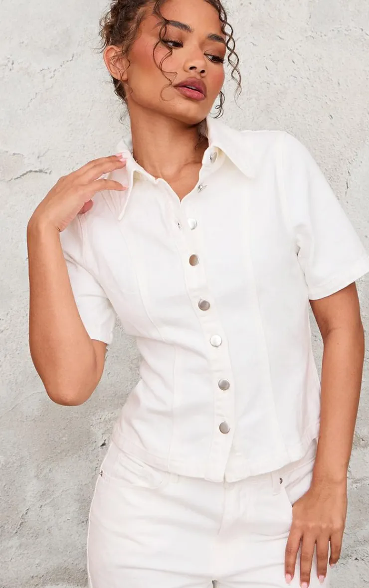 PrettyLittleThing Shirts*Petite Short Sleeve Fitted Denim Shirt