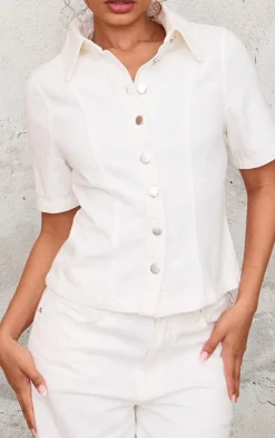 PrettyLittleThing Shirts*Petite Short Sleeve Fitted Denim Shirt