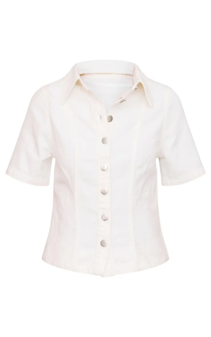PrettyLittleThing Shirts*Petite Short Sleeve Fitted Denim Shirt
