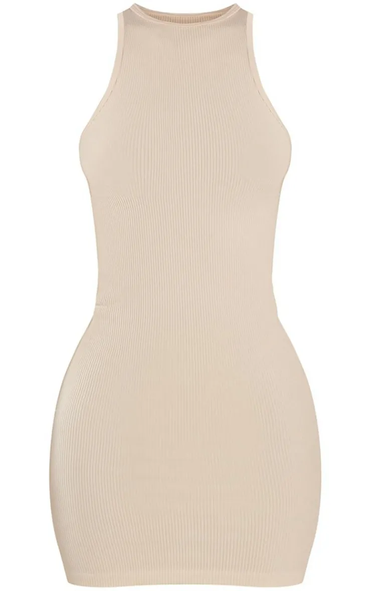 PrettyLittleThing Snatched*Petite Snatched Rib Racer Neck Bodycon Dress