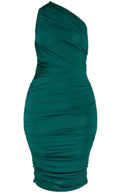 Petite Slinky Ruched One Shoulder Longline Midi Dress-PrettyLittleThing