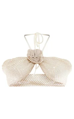 Clearance PrettyLittleThing Petite Flower Detail Sequin Mini Skirt Gold