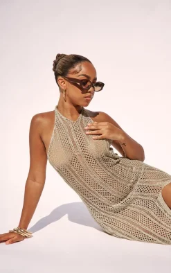 Petite Gold Halterneck Glitter Knit Dress
