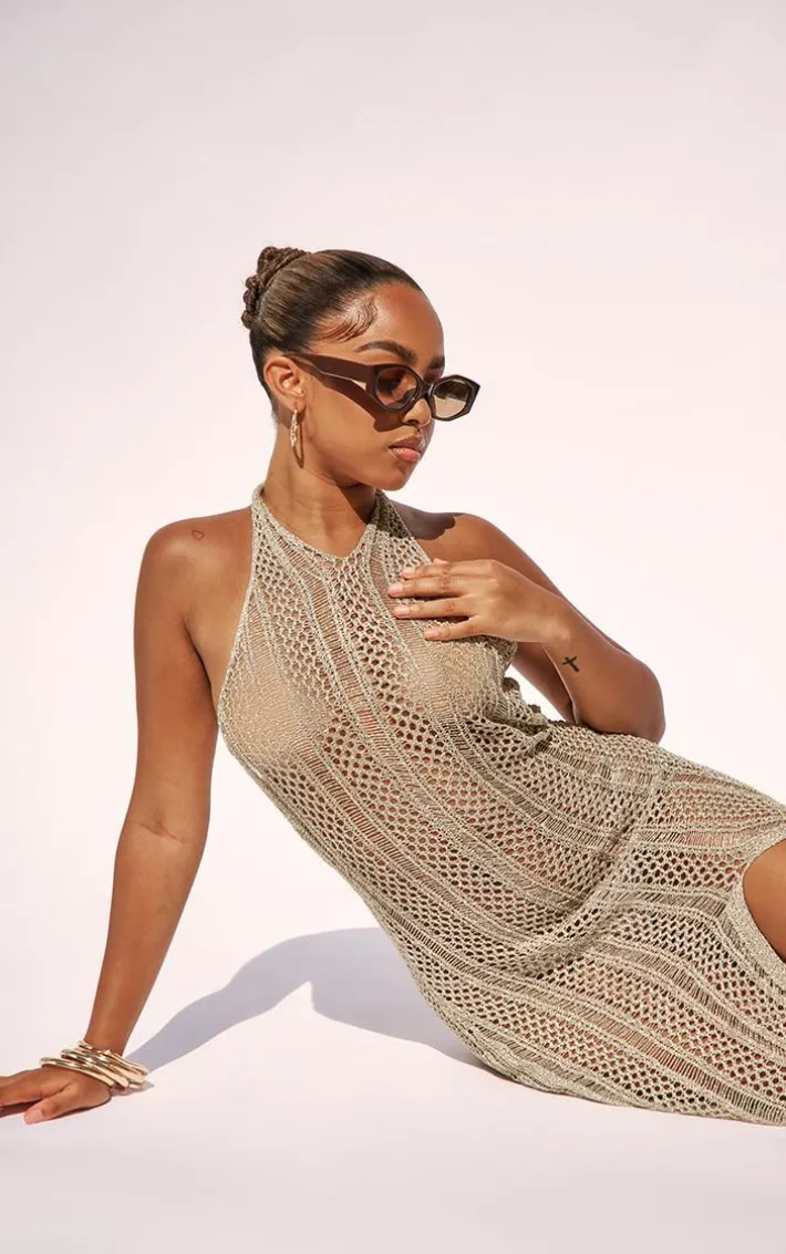 Petite Gold Halterneck Glitter Knit Dress