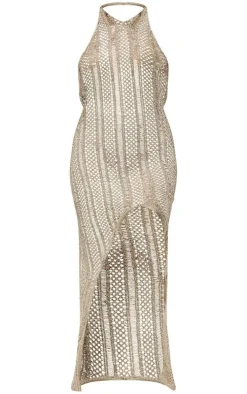 Petite Gold Halterneck Glitter Knit Dress