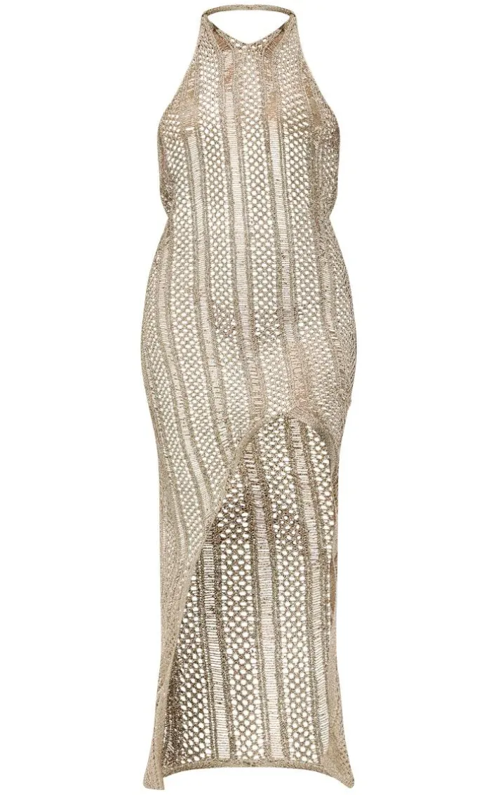 Petite Gold Halterneck Glitter Knit Dress