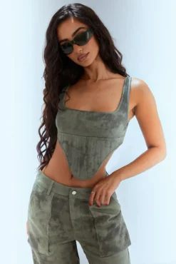 Clearance PrettyLittleThing Petite Acid Wash Corset Top Green