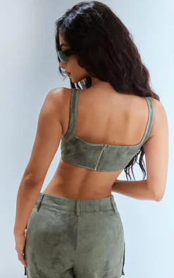 Clearance PrettyLittleThing Petite Acid Wash Corset Top Green