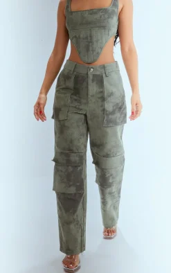 New PrettyLittleThing Petite Acid Wash Pocket Detail Cargos Green