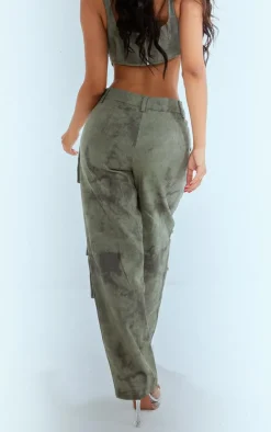 New PrettyLittleThing Petite Acid Wash Pocket Detail Cargos Green