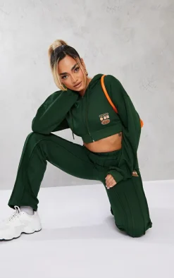 Sale PrettyLittleThing Petite Cropped Zip-up Graphic Detail Drawstring Hoodie Green