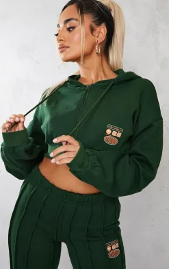 Sale PrettyLittleThing Petite Cropped Zip-up Graphic Detail Drawstring Hoodie Green