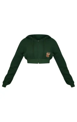 Sale PrettyLittleThing Petite Cropped Zip-up Graphic Detail Drawstring Hoodie Green