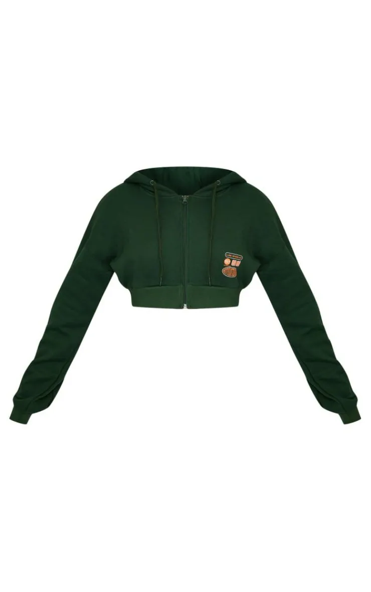 Sale PrettyLittleThing Petite Cropped Zip-up Graphic Detail Drawstring Hoodie Green