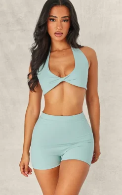 PrettyLittleThing Workout Tops*Petite Green Snatched Sculpt Halterneck Twist Front Crop Top