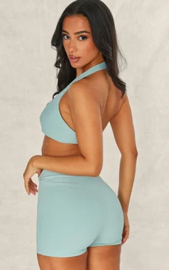 PrettyLittleThing Workout Tops*Petite Green Snatched Sculpt Halterneck Twist Front Crop Top