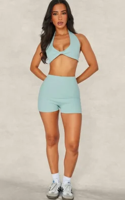 PrettyLittleThing Workout Tops*Petite Green Snatched Sculpt Halterneck Twist Front Crop Top