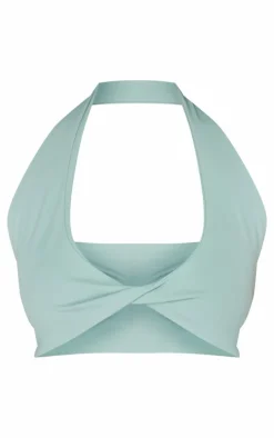 PrettyLittleThing Workout Tops*Petite Green Snatched Sculpt Halterneck Twist Front Crop Top