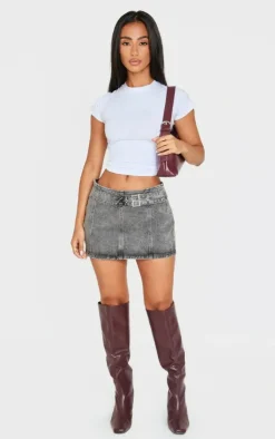 Discount PrettyLittleThing Petite Acid Wash Denim Buckle Detail Mini Skirt Grey
